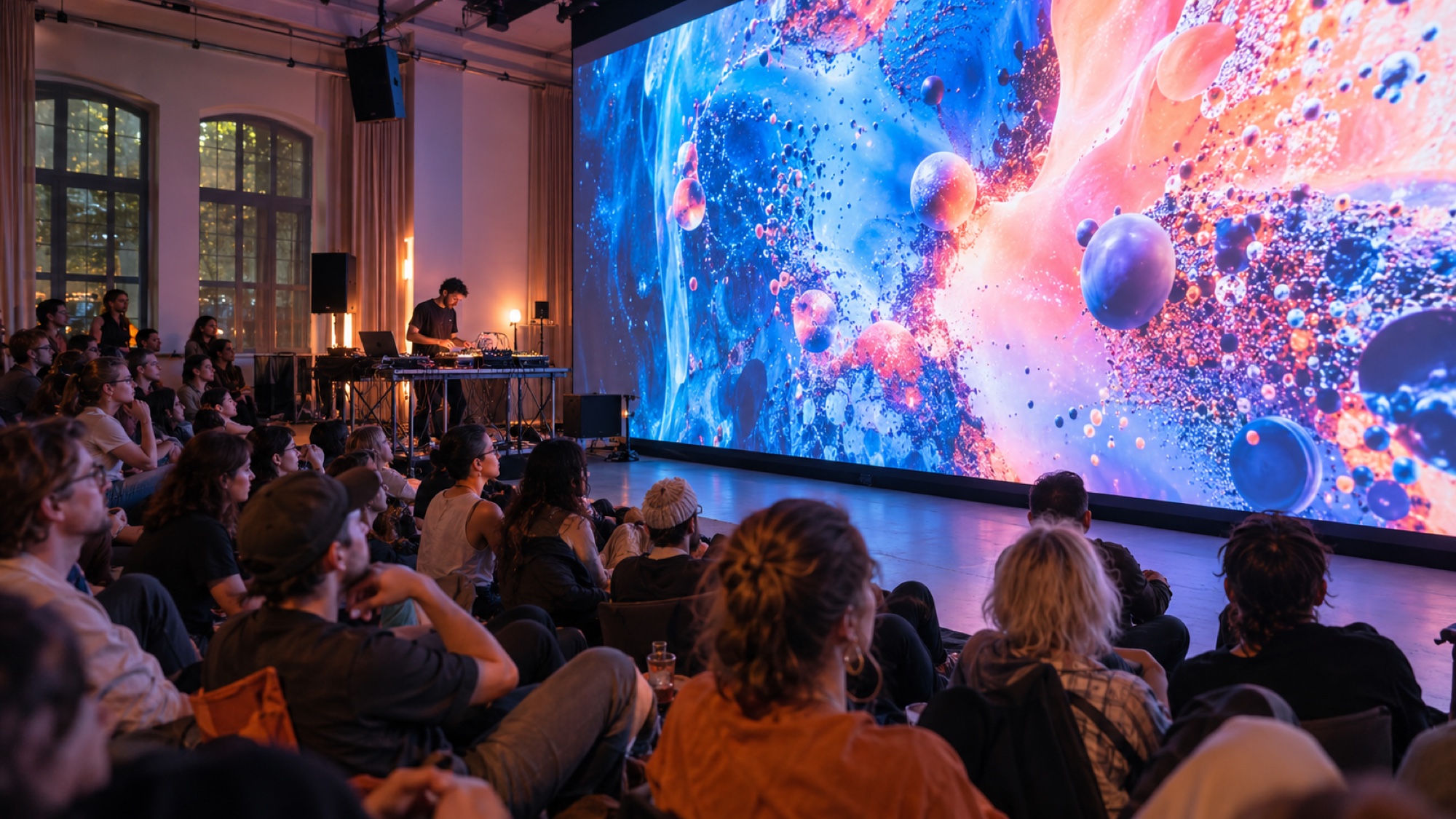 Pubblico a una proiezione audiovisiva contemporanea con performer dal vivo