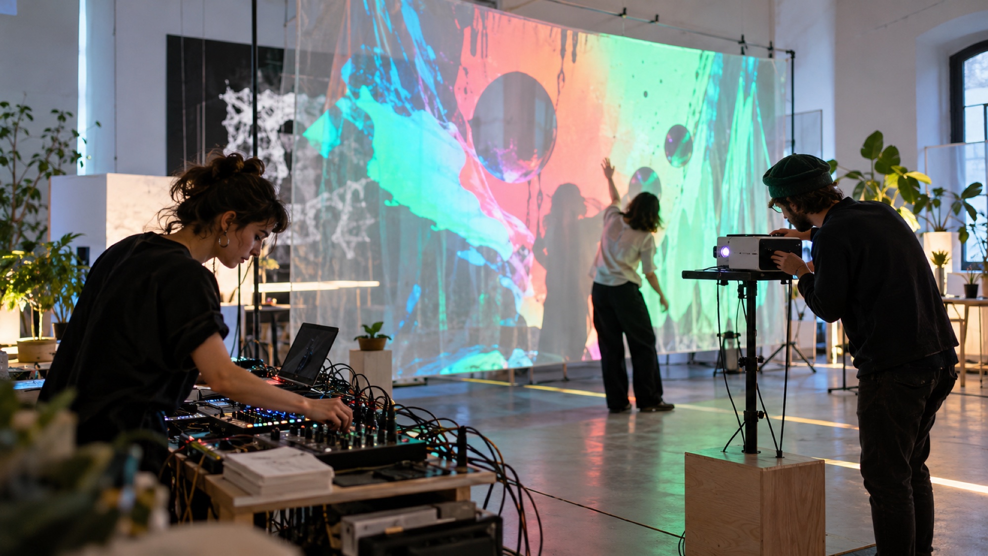 Artisti collaborano a una proiezione audiovisiva in uno studio contemporaneo