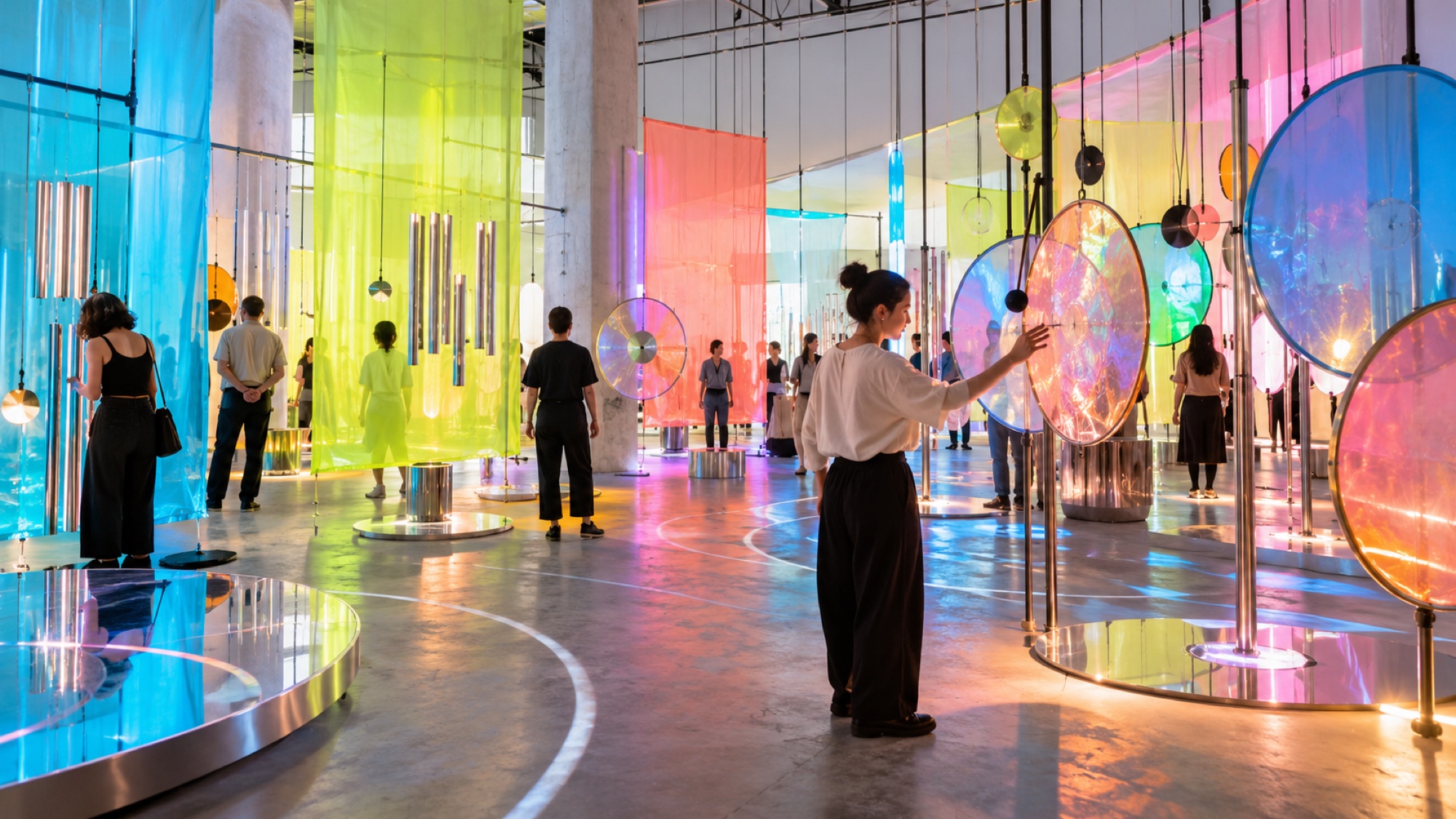 Visitatori attraversano un'installazione interattiva di superfici traslucide colorate